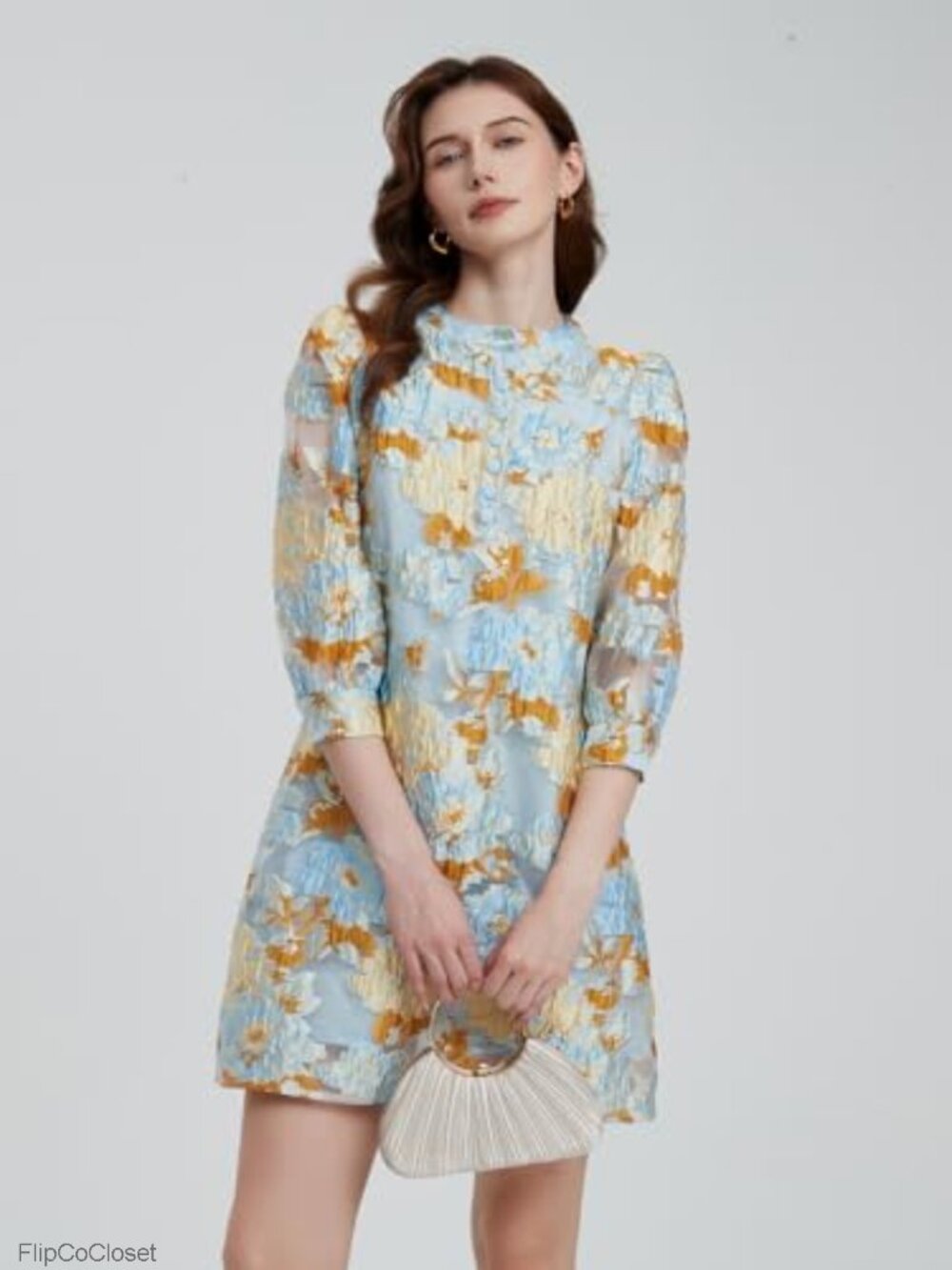 Floral Jacquard Embroidered Cocktail Shift Dress with Puff Sleeves Mini - Picture 2 of 6